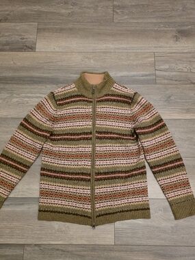 Eddie Bauer Vtg 100% Lambs Wool Olive & Pink Fair Isle Zip Cardigan